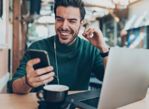 man on phone in public place